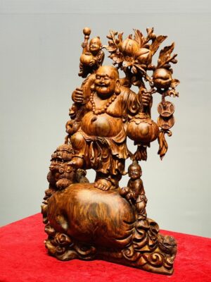 Di Lạc Vác Cành Đào Nhị Tiểu Nhất Nghê Đứng Bao Tiền Gỗ Sưa