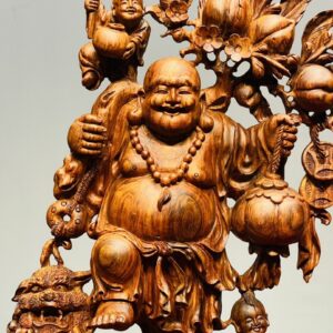 Di Lạc Vác Cành Đào Nhị Tiểu Nhất Nghê Đứng Bao Tiền Gỗ Sưa