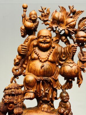 Di Lạc Vác Cành Đào Nhị Tiểu Nhất Nghê Đứng Bao Tiền Gỗ Sưa