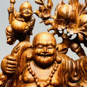 Di Lạc Vác Cành Đào Nhị Tiểu Nhất Nghê Đứng Bao Tiền Gỗ Sưa