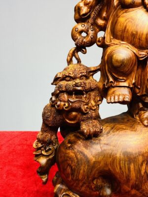 Di Lạc Vác Cành Đào Nhị Tiểu Nhất Nghê Đứng Bao Tiền Gỗ Sưa