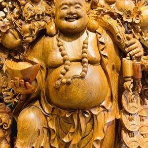 Di Lạc Vác Cành Đào Ngũ Phúc Đứng Bao Tiền Gỗ Nu Hương