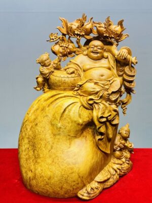 Di Lạc Vác Cành Đào Nhị Tiểu Ngồi Bao Tiền Gỗ Nu Hương