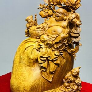 Di Lạc Vác Cành Đào Nhị Tiểu Ngồi Bao Tiền Gỗ Nu Hương