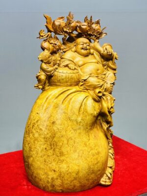 Di Lạc Vác Cành Đào Nhị Tiểu Ngồi Bao Tiền Gỗ Nu Hương