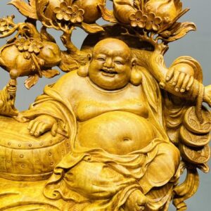 Di Lạc Vác Cành Đào Nhị Tiểu Ngồi Bao Tiền Gỗ Nu Hương
