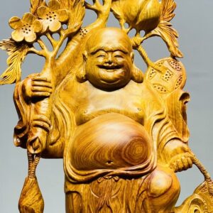 Di Lạc Vác Cành Đào Đứng Bao Tiền Gỗ Nu Hương
