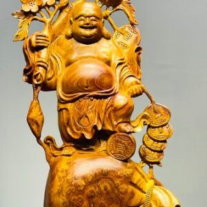 Di Lạc Vác Cành Đào Đứng Bao Tiền Gỗ Nu Hương