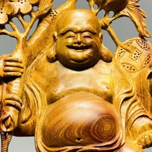 Di Lạc Vác Cành Đào Đứng Bao Tiền Gỗ Nu Hương