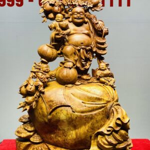 Di Lạc Tam Tiểu Vác Cành Đào Đứng Bao Tiền Gỗ Nu Hương