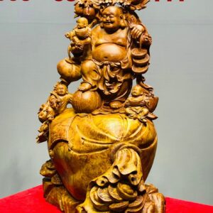 Di Lạc Tam Tiểu Vác Cành Đào Đứng Bao Tiền Gỗ Nu Hương