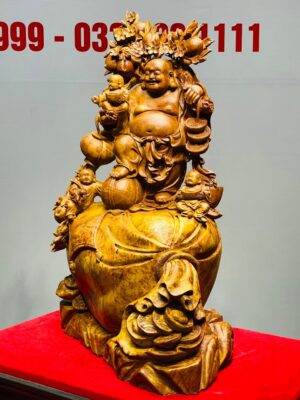 Di Lạc Tam Tiểu Vác Cành Đào Đứng Bao Tiền Gỗ Nu Hương