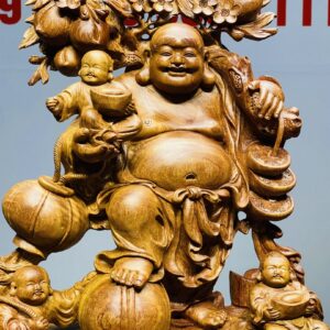 Di Lạc Tam Tiểu Vác Cành Đào Đứng Bao Tiền Gỗ Nu Hương