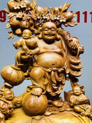 Di Lạc Tam Tiểu Vác Cành Đào Đứng Bao Tiền Gỗ Nu Hương