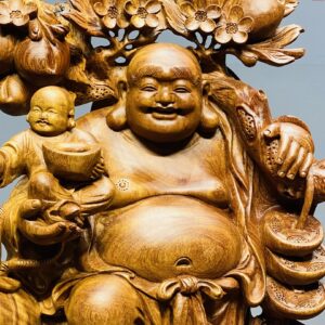 Di Lạc Tam Tiểu Vác Cành Đào Đứng Bao Tiền Gỗ Nu Hương