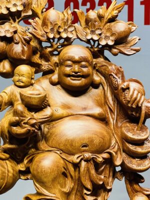 Di Lạc Tam Tiểu Vác Cành Đào Đứng Bao Tiền Gỗ Nu Hương