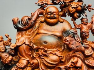 Di Lạc Vác Cành Đào Ngũ Tiểu Ngồi Bao Tiền Gỗ Trắc