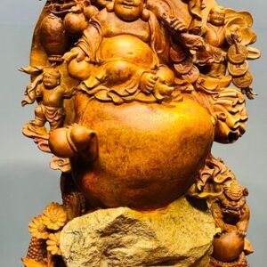 Di Lạc Tam Tiểu Vác Cành Đào Ngồi Bao Tiền Gỗ Nu Hương Ôm Đá