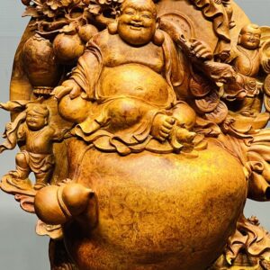 Di Lạc Tam Tiểu Vác Cành Đào Ngồi Bao Tiền Gỗ Nu Hương Ôm Đá