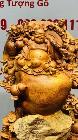 Di Lạc Tam Tiểu Vác Cành Đào Ngồi Bao Tiền Gỗ Nu Hương Ôm Đá