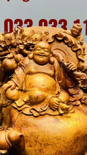 Di Lạc Tam Tiểu Vác Cành Đào Ngồi Bao Tiền Gỗ Nu Hương Ôm Đá