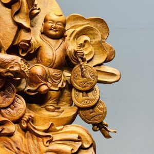 Di Lạc Tam Tiểu Vác Cành Đào Ngồi Bao Tiền Gỗ Nu Hương Ôm Đá