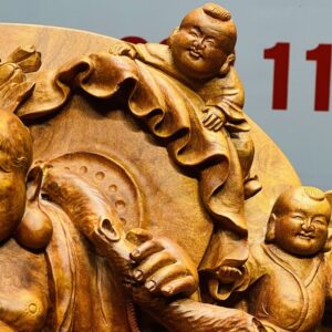 Di Lạc Tam Tiểu Vác Cành Đào Ngồi Bao Tiền Gỗ Nu Hương Ôm Đá