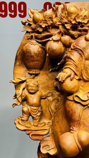 Di Lạc Tam Tiểu Vác Cành Đào Ngồi Bao Tiền Gỗ Nu Hương Ôm Đá
