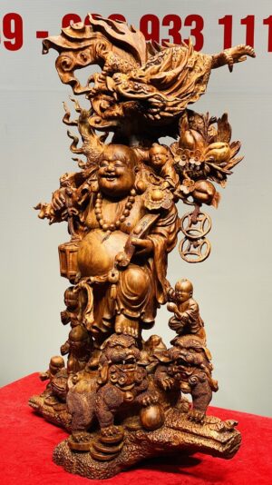 Di Lạc Ngũ Phúc vác đào đứng Long Nghê Gỗ Sưa