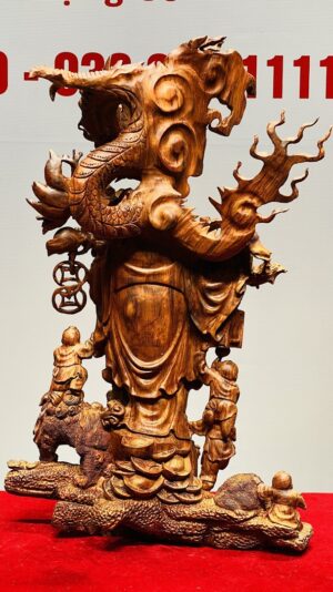 Di Lạc Ngũ Phúc vác đào đứng Long Nghê Gỗ Sưa