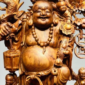 Di Lạc Ngũ Phúc vác đào đứng Long Nghê Gỗ Sưa