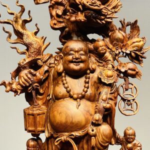 Di Lạc Ngũ Phúc vác đào đứng Long Nghê Gỗ Sưa