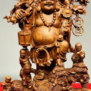 Di Lạc Ngũ Phúc vác đào đứng Long Nghê Gỗ Sưa