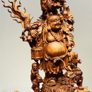 Di Lạc Ngũ Phúc vác đào đứng Long Nghê Gỗ Sưa
