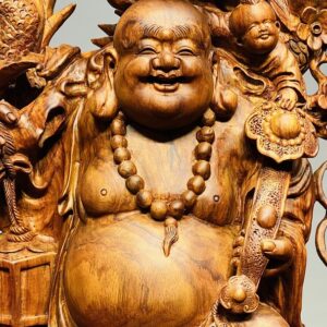 Di Lạc Ngũ Phúc vác đào đứng Long Nghê Gỗ Sưa