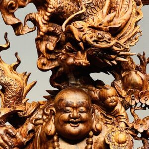 Di Lạc Ngũ Phúc vác đào đứng Long Nghê Gỗ Sưa