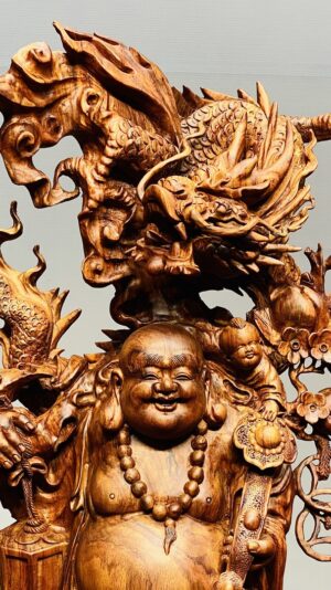 Di Lạc Ngũ Phúc vác đào đứng Long Nghê Gỗ Sưa