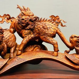 Song Kỳ Lân Đứng Cầu Gậy Như Ý Gỗ Sưa