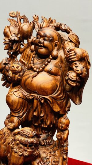 Di Lạc Vác Cành Đào Nhất Tiểu Đứng Bao Tiền Gỗ Sưa