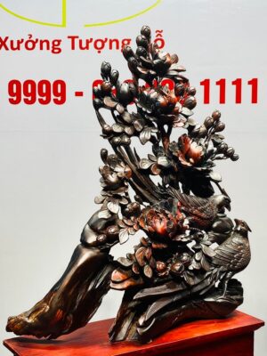 Đôi Chim Trĩ Hoa Mẫu Đơn Gỗ Trắc