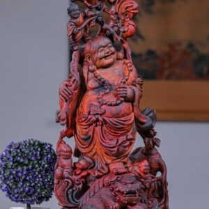 Di Lạc Tam Tiểu Vác Cành Đào Đứng Nghê Gỗ Trắc