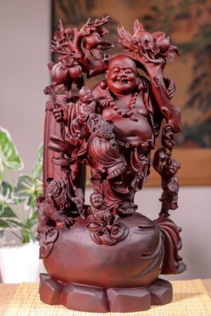 Di Lạc Tam Tiểu Vác Cành Đào Đứng Bao Tiền Gỗ Tử Đàn