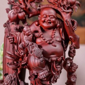 Di Lạc Tam Tiểu Vác Cành Đào Đứng Bao Tiền Gỗ Tử Đàn