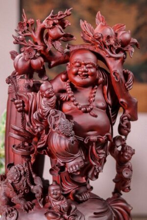 Di Lạc Tam Tiểu Vác Cành Đào Đứng Bao Tiền Gỗ Tử Đàn