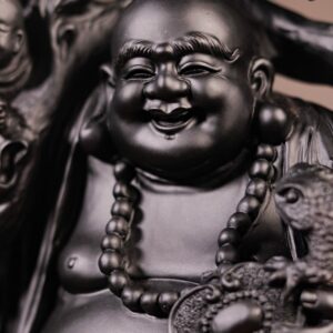 Di Lạc Nhị Tiểu Vác Cành Đào Đứng Bao Tiền Gỗ Mun Sừng Khánh Hoà