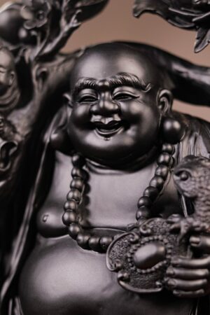 Di Lạc Nhị Tiểu Vác Cành Đào Đứng Bao Tiền Gỗ Mun Sừng Khánh Hoà