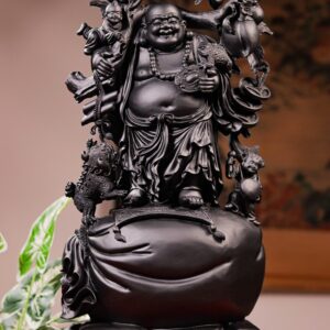 Di Lạc Nhị Tiểu Vác Cành Đào Đứng Bao Tiền Gỗ Mun Sừng Khánh Hoà