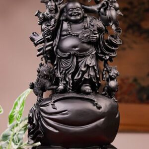 Di Lạc Nhị Tiểu Vác Cành Đào Đứng Bao Tiền Gỗ Mun Sừng Khánh Hoà
