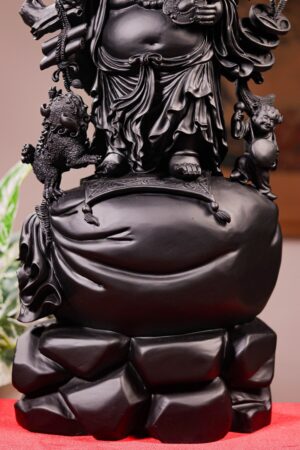 Di Lạc Nhị Tiểu Vác Cành Đào Đứng Bao Tiền Gỗ Mun Sừng Khánh Hoà
