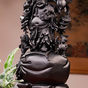 Di Lạc Nhị Tiểu Vác Cành Đào Đứng Bao Tiền Gỗ Mun Sừng Khánh Hoà